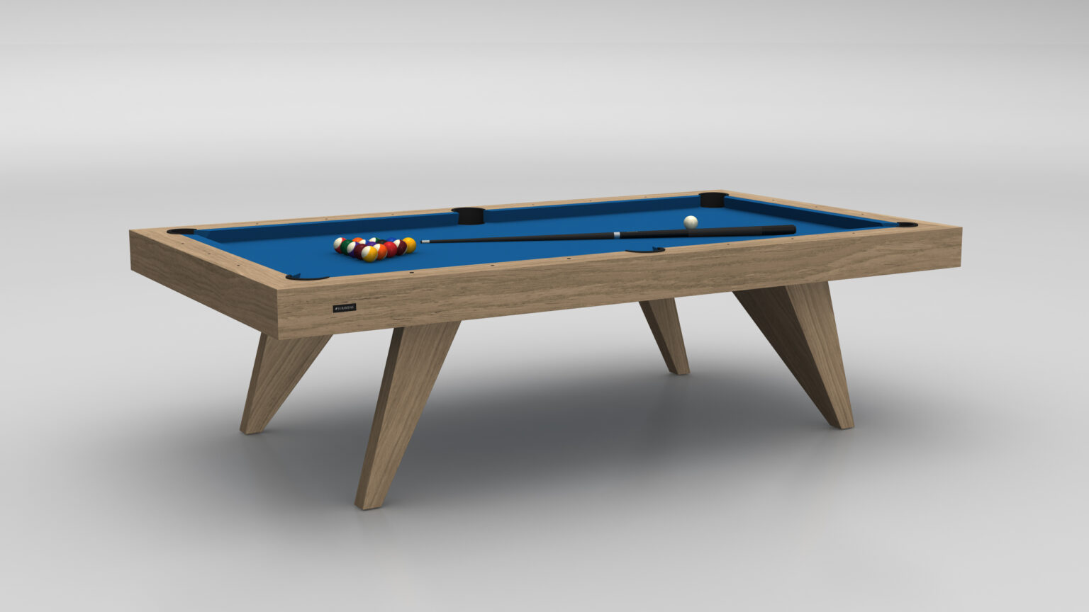 The Trigon Pool Table is a luxurious game table with a modern flair, showcasing a blue felt surface and wooden frame. Billiard balls form a triangle, while sleek angled legs provide elegant support. A single white cue ball awaits play at the center.