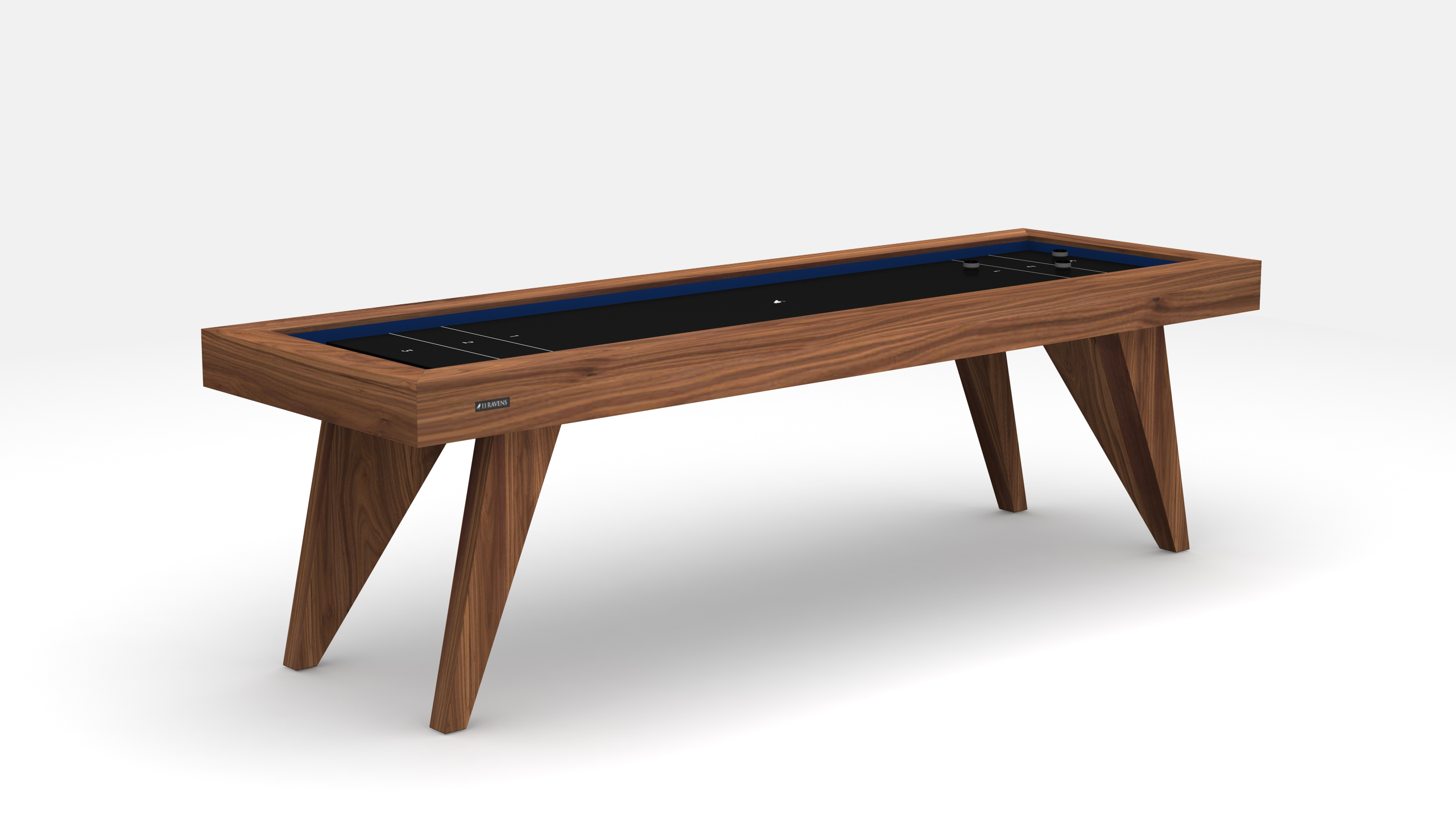 The Trigon Shuffleboard Table showcases a sleek wooden frame, angled legs, and a black playing surface with a bold blue inner edge, displayed on a plain white background.