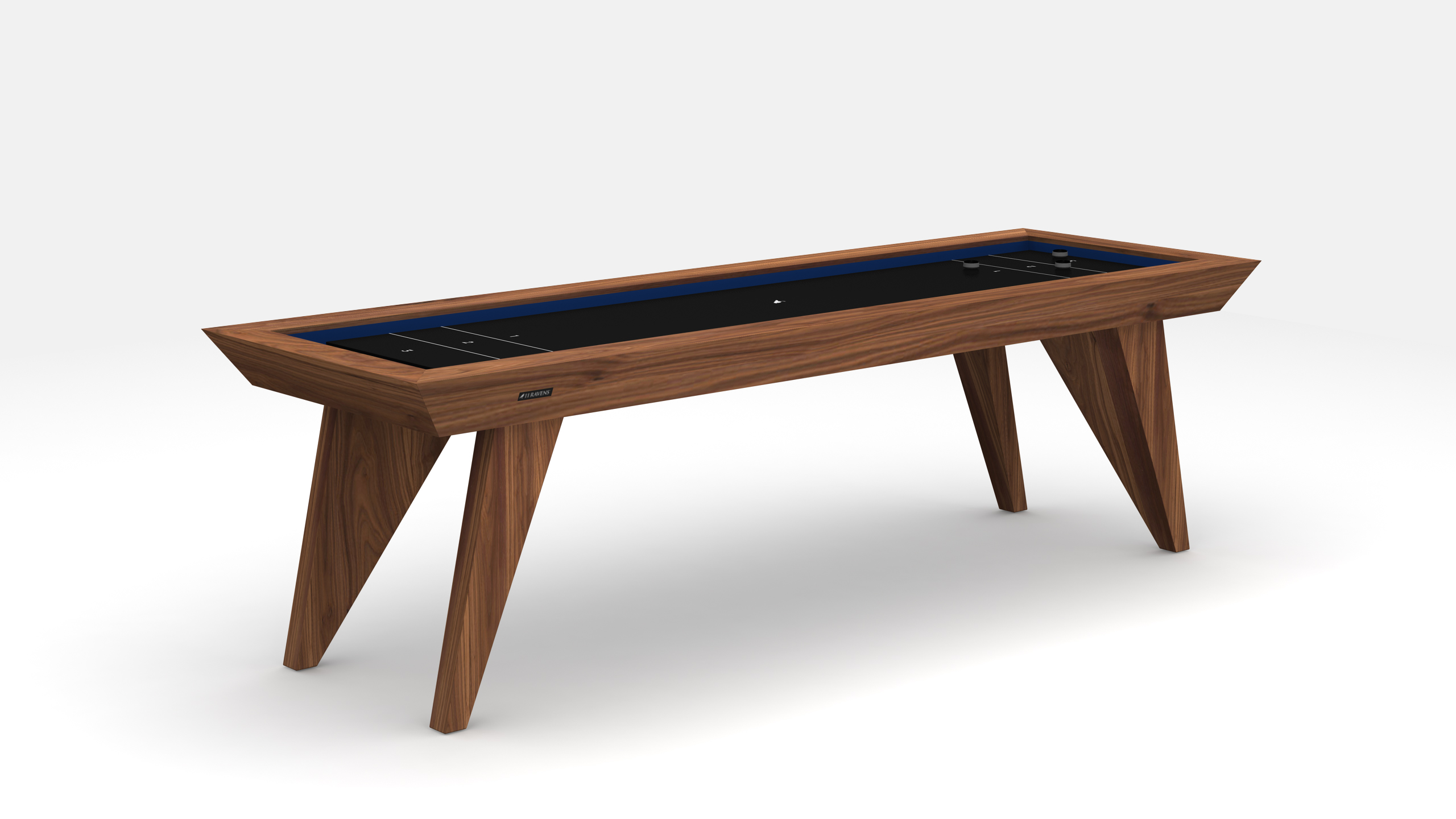 The Trigon Shuffleboard Table features a sleek, rectangular design with angled wooden legs and a black playing surface bordered in blue, shown on a plain white background.
