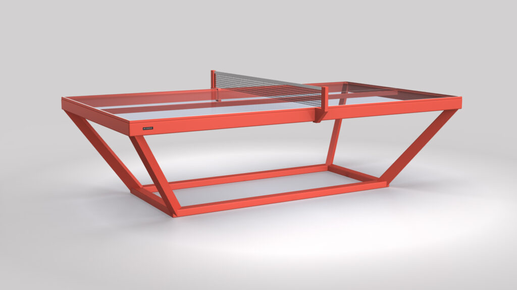 A modern red Vitro Ping Pong Table featuring a minimalist metal frame, glass tabletop, and simple net stands against a plain gray background. Its angular design and sleek style give it a luxurious contemporary look.
