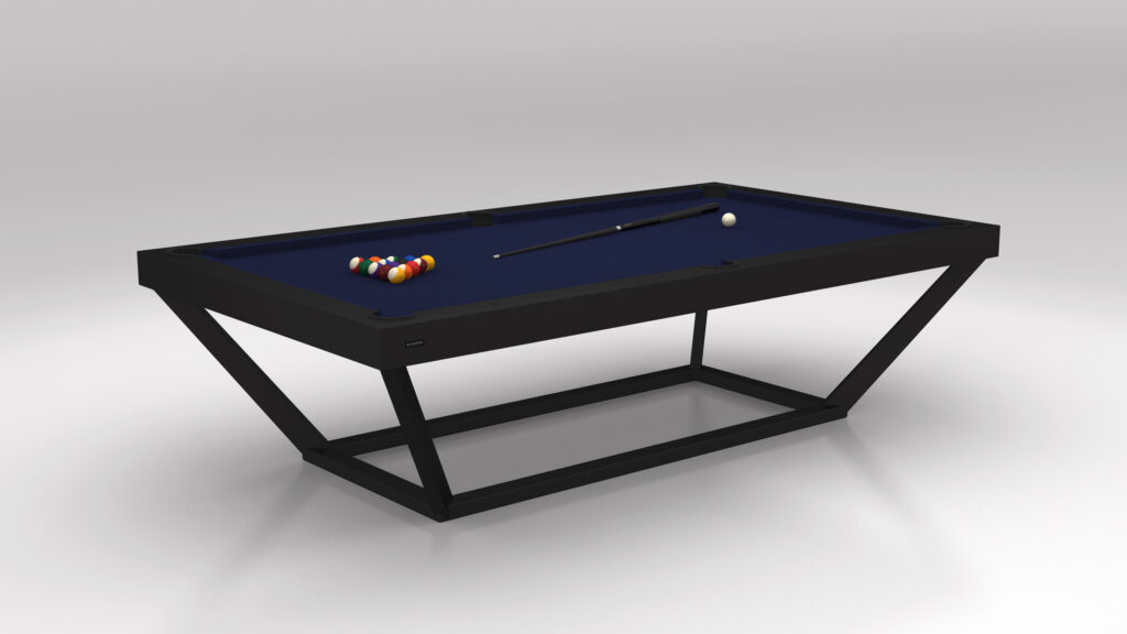 The Vitro Pool Table is a modern luxury game table with a sleek black frame and blue felt, elegantly standing on a white surface. A cue stick and white cue ball await play, while vibrant billiard balls are racked at one end, ready for the perfect match.