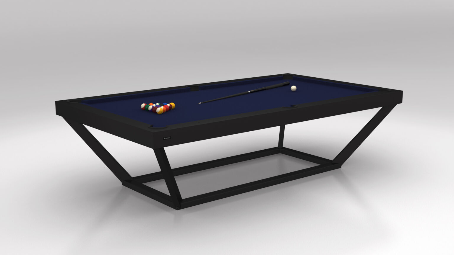 The Vitro Pool Table is a modern luxury game table with a sleek black frame and blue felt, elegantly standing on a white surface. A cue stick and white cue ball await play, while vibrant billiard balls are racked at one end, ready for the perfect match.