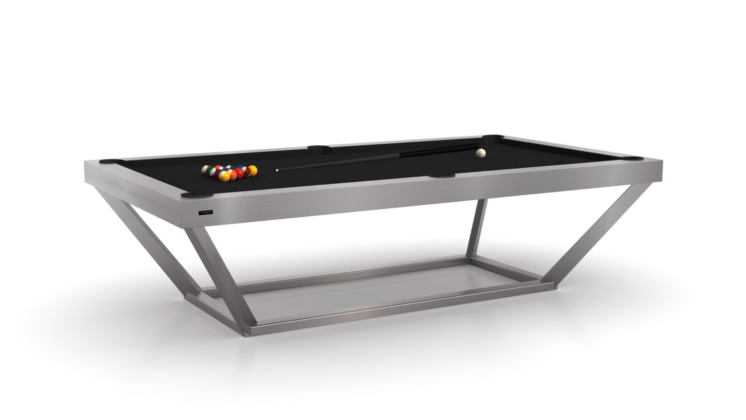 The Vitro Pool Table, with its sleek black surface and metallic frame, epitomizes luxury. A triangle of colored billiard balls sits at one end, while a white cue ball rests nearby. Its angular design is enhanced by a distinctive V-shaped base.