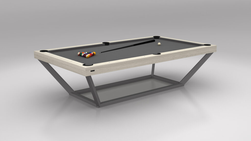 Discover elegance with the Vitro Pool Table, boasting a sleek gray frame and black felt surface. It showcases perfectly arranged pool balls, complemented by a cue stick and white cue ball, all set against a plain gray background.