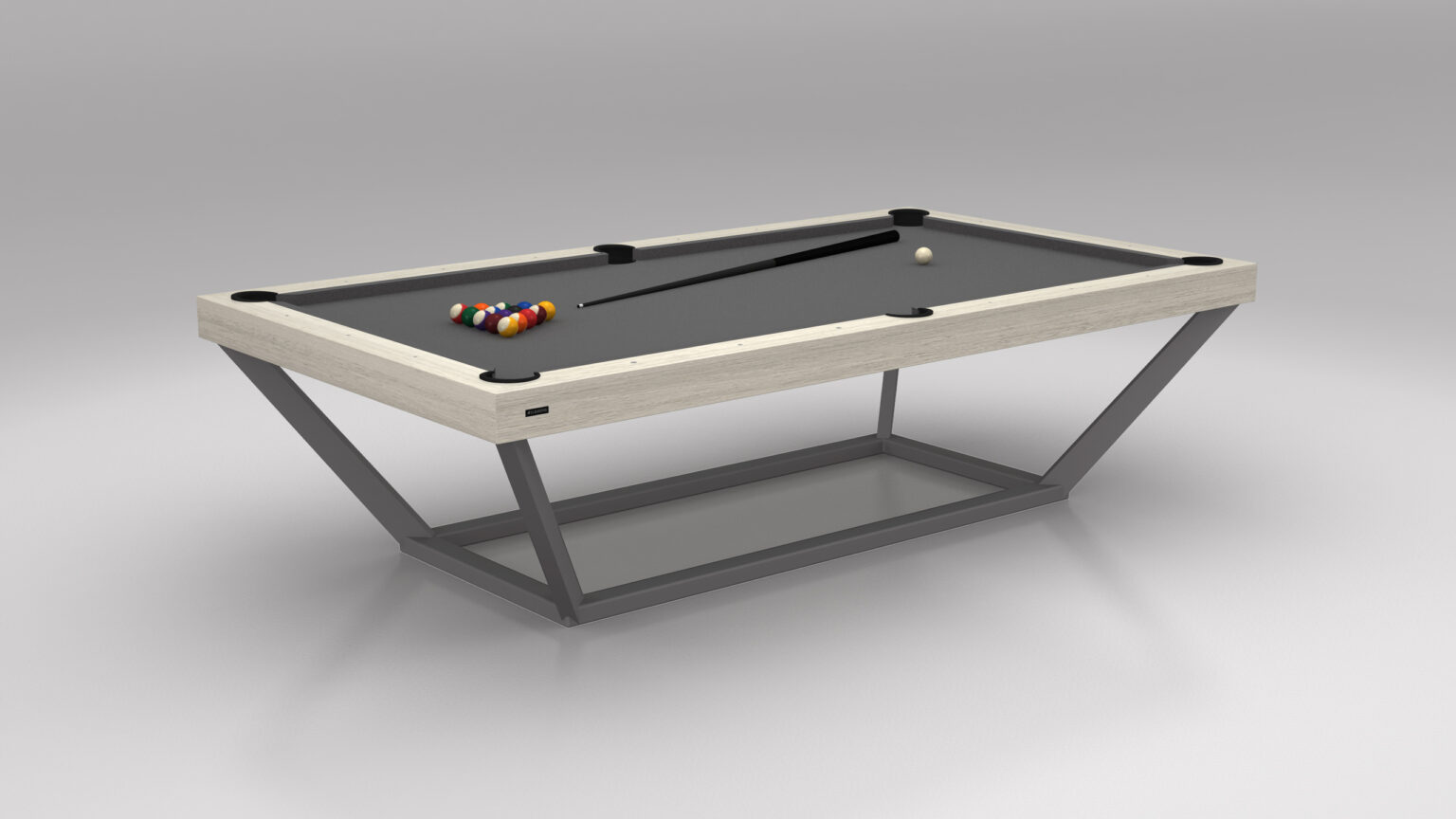 Discover elegance with the Vitro Pool Table, boasting a sleek gray frame and black felt surface. It showcases perfectly arranged pool balls, complemented by a cue stick and white cue ball, all set against a plain gray background.