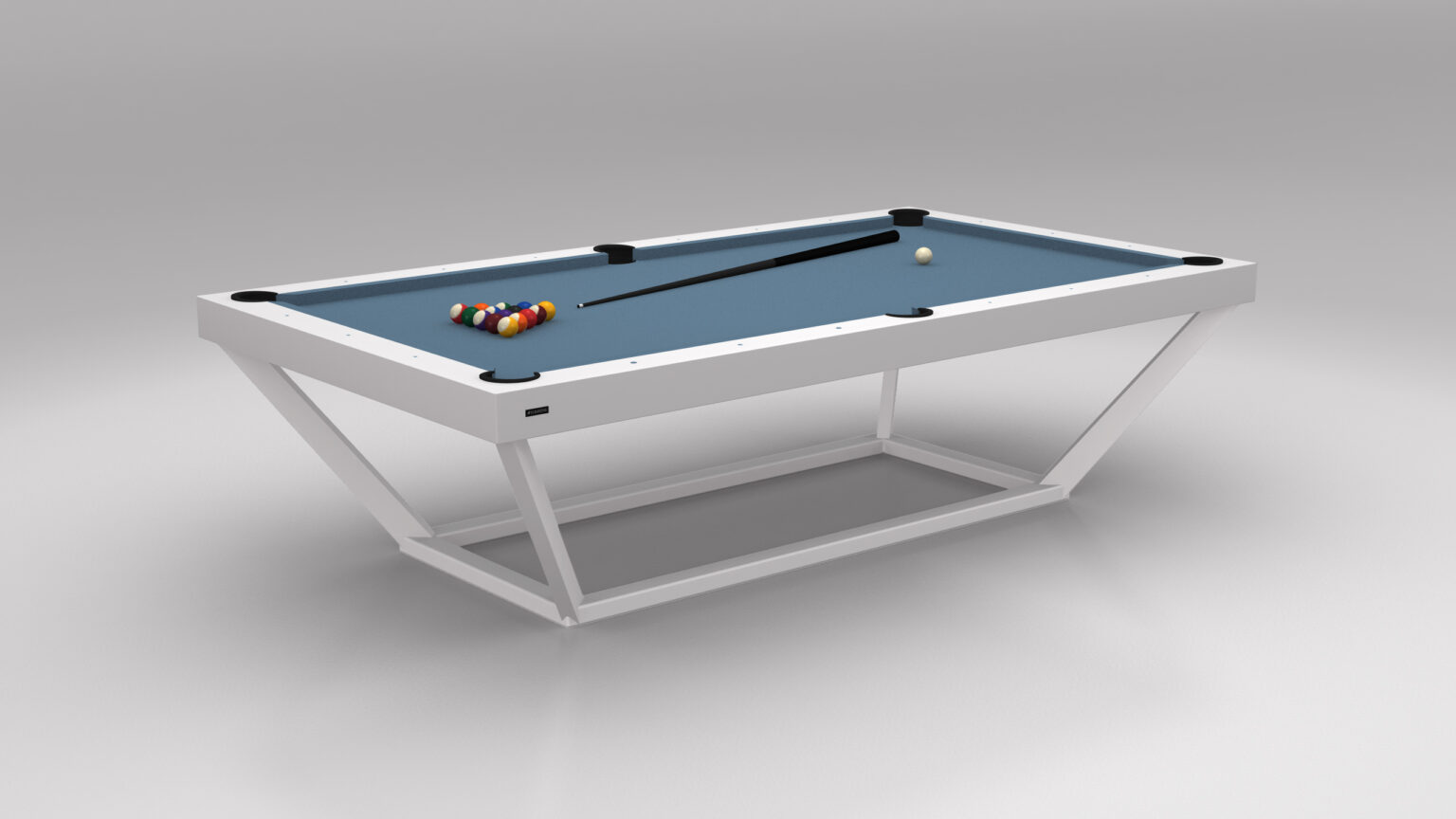 The Vitro Pool Table, a modern luxury piece, showcases a sleek white frame and light blue felt surface. It elegantly holds a set of racked billiard balls and a cue stick against a neutral gray backdrop.