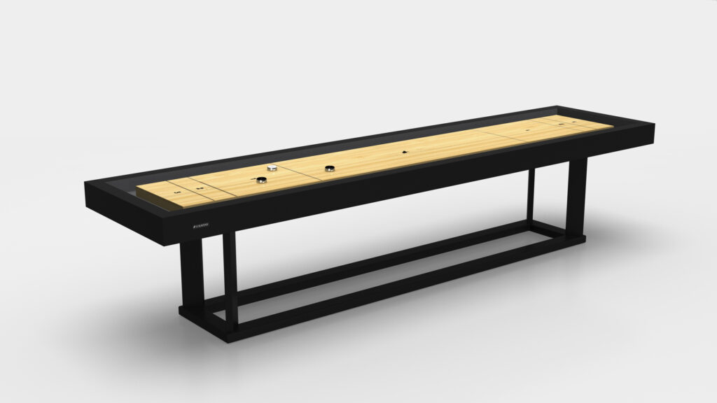 The Vitro Shuffleboard Table has a light wood playing surface, a black frame, and metal legs. Multiple pucks are on the board, displayed against a plain white background.