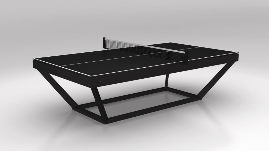 The Vitro Ping Pong Table features a modern black minimalist design with crisp white lines and a sleek net, showcased against a plain light gray background.