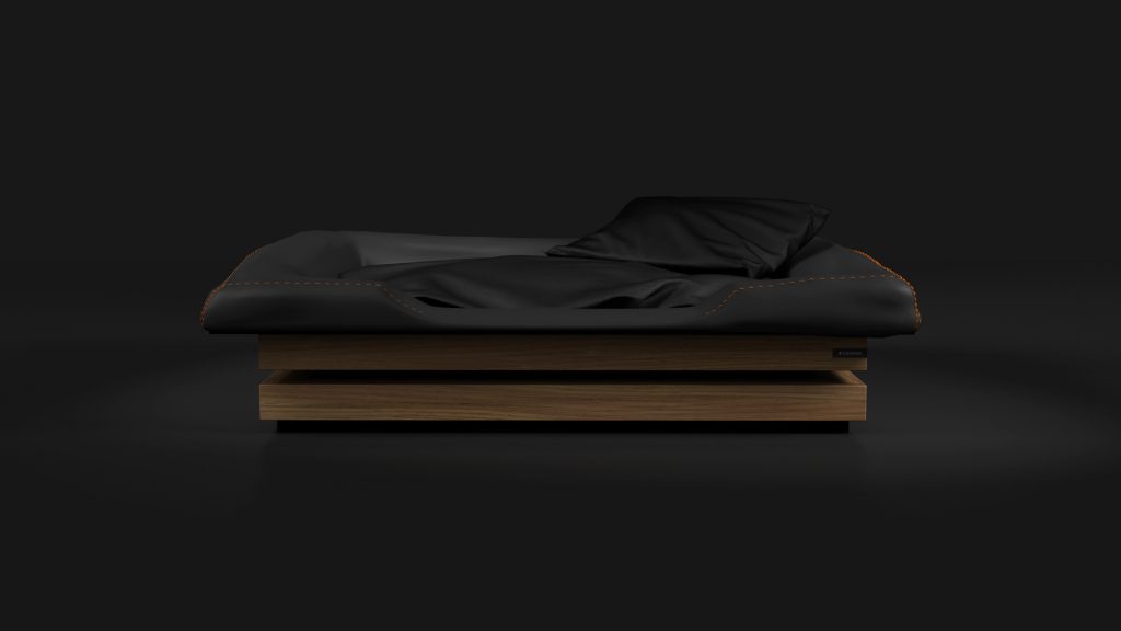A sleek, modern Arclight Dog bed with a black mattress and pillows, supported by a wooden base against a dark background, exuding minimalist sophistication and contemporary style.