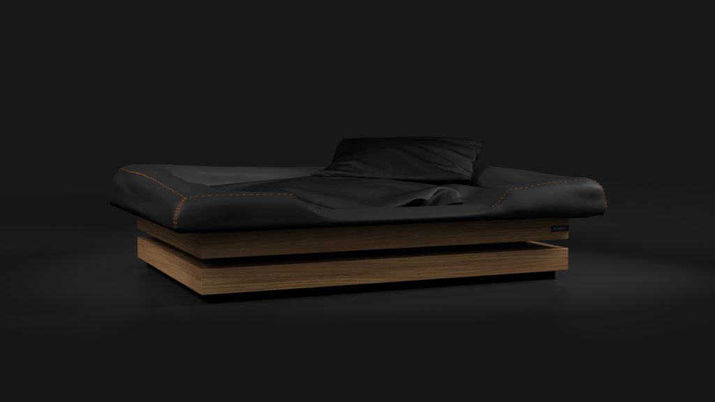 The Arclight Dog Bed, a modern minimalist design with a wooden base and black bedding, stands out against a dark background. Its sleek look is enhanced by visible stitch detailing on the fabric, making it a stylish haven for your pet.