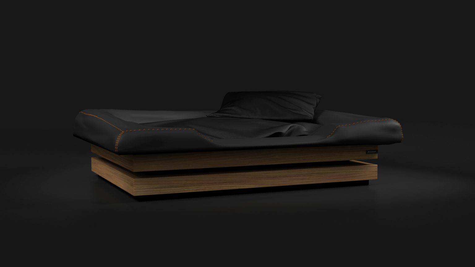The Arclight Dog Bed, a modern minimalist design with a wooden base and black bedding, stands out against a dark background. Its sleek look is enhanced by visible stitch detailing on the fabric, making it a stylish haven for your pet.