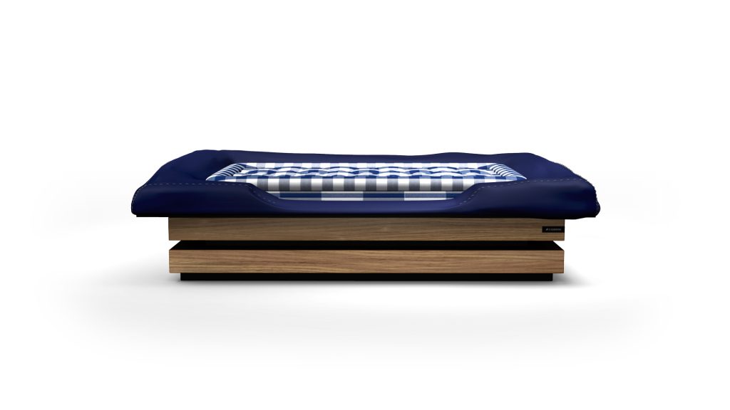 A contemporary bed featuring a checkered mattress, wooden base, and blue quilted frame echoes the design of the Arclight Dog Bed and stands out against a plain white background.