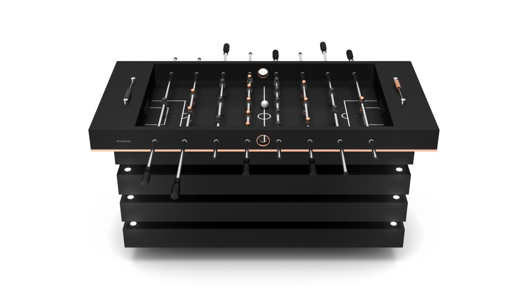 The Arclight Foosball Table is a modern masterpiece featuring a minimalist design with steel rods and players. Its sleek rectangular shape and glossy finish complement the game layout on a layered base, adding elegance to any game room.