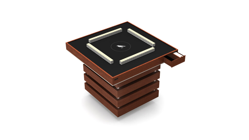 The Arclight Mahjong Table is a modern, square table made of dark wood with a black playing surface, four rows of stacked tiles, a small open side drawer, and a circular logo at the center.