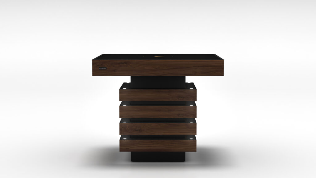The Theseus Mahjong Table is a modern wooden table with a black base, featuring a unique design of five staggered wooden layers. The top layer is wider, creating an elegant and artistic look against a plain white background, reminiscent of luxury game tables.