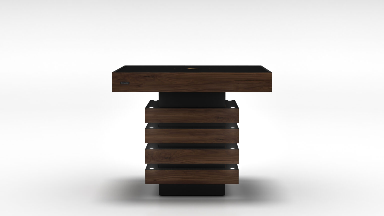 The Theseus Mahjong Table is a modern wooden table with a black base, featuring a unique design of five staggered wooden layers. The top layer is wider, creating an elegant and artistic look against a plain white background, reminiscent of luxury game tables.