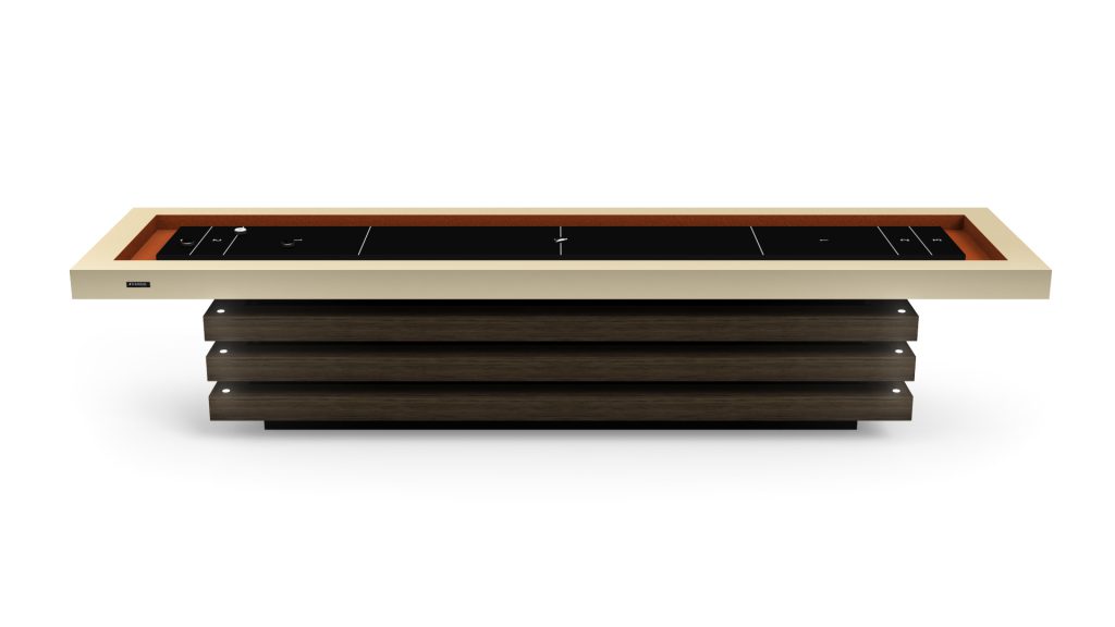 Introducing the Arclight Shuffleboard Table, a modern masterpiece with a sleek white border and dark wooden base featuring horizontal slats. Its black playing surface has subtle markings, adding refined elegance to any game room.