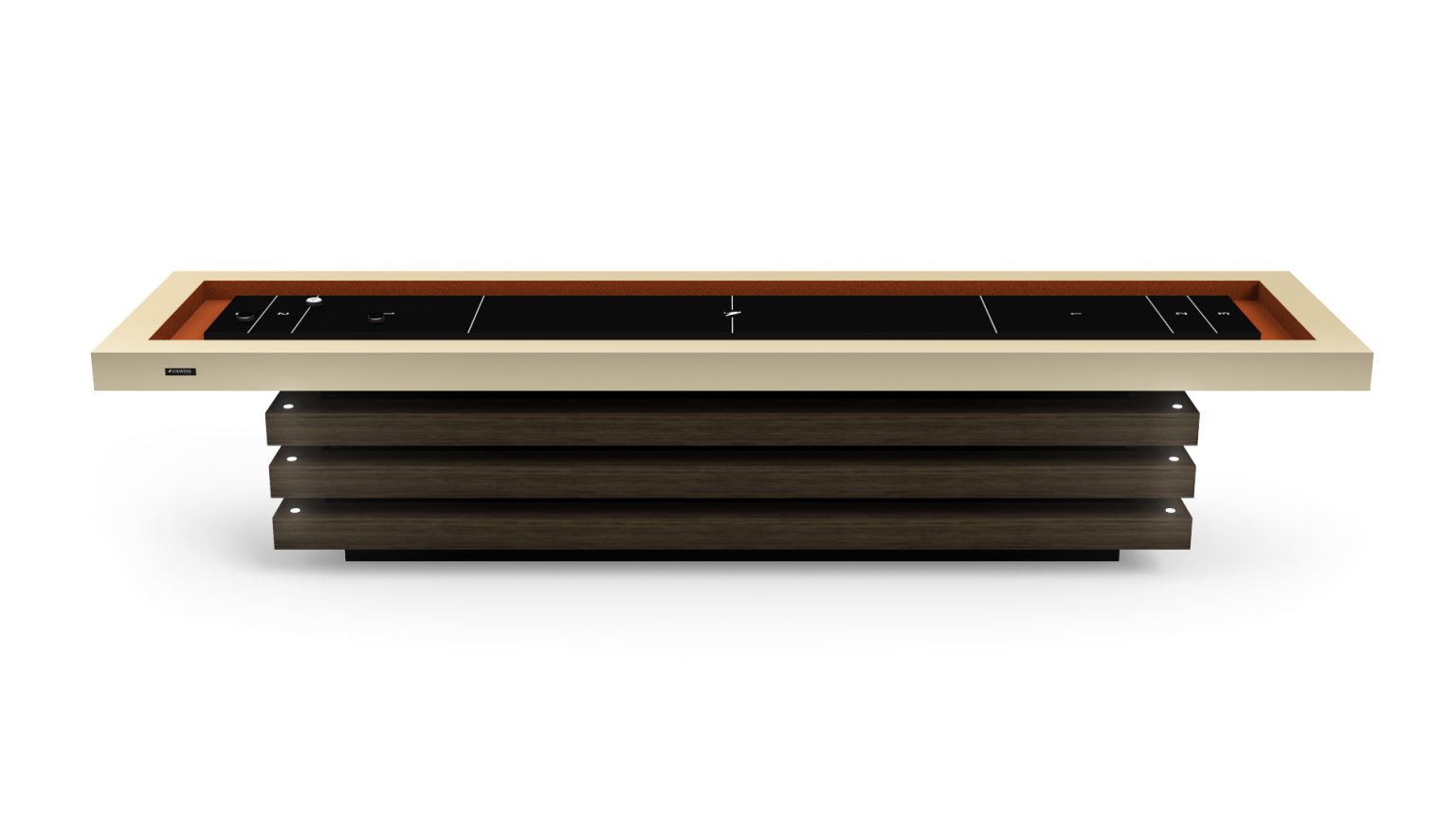 Introducing the Arclight Shuffleboard Table, a modern masterpiece with a sleek white border and dark wooden base featuring horizontal slats. Its black playing surface has subtle markings, adding refined elegance to any game room.