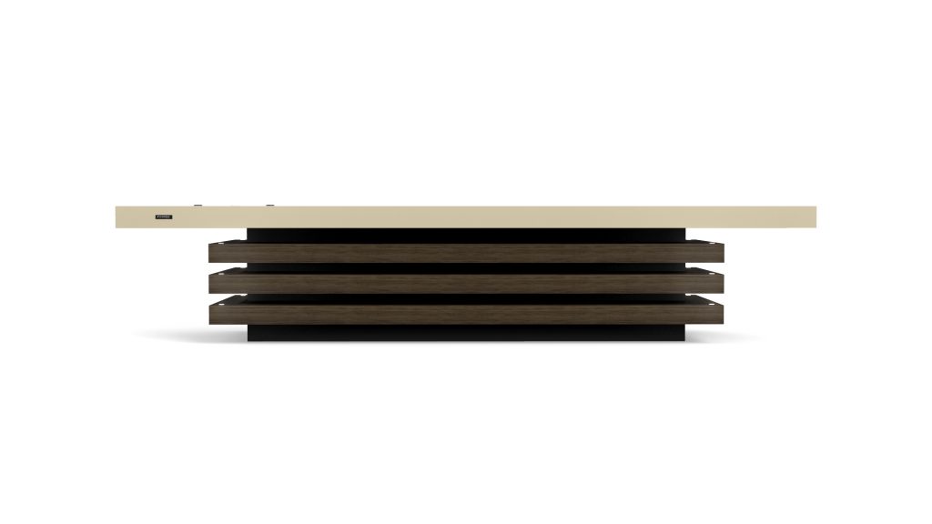 The Arclight Shuffleboard Table boasts a modern, minimalist design with a white top and three stacked wooden slats on a black base, set against a white background. Its clean lines and contemporary aesthetic provide a sleek look.