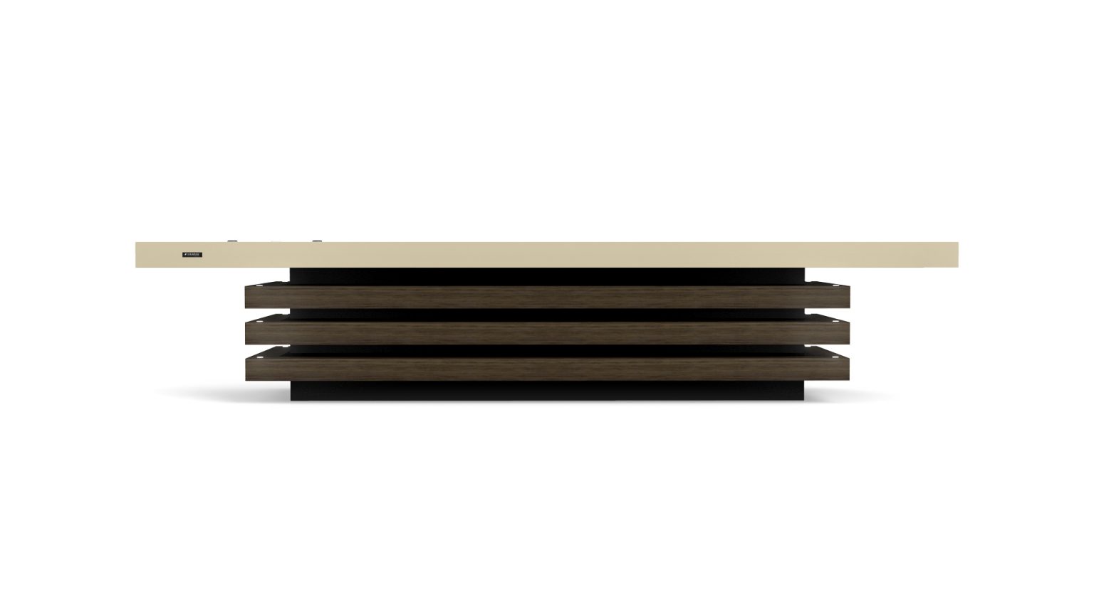 The Arclight Shuffleboard Table boasts a modern, minimalist design with a white top and three stacked wooden slats on a black base, set against a white background. Its clean lines and contemporary aesthetic provide a sleek look.