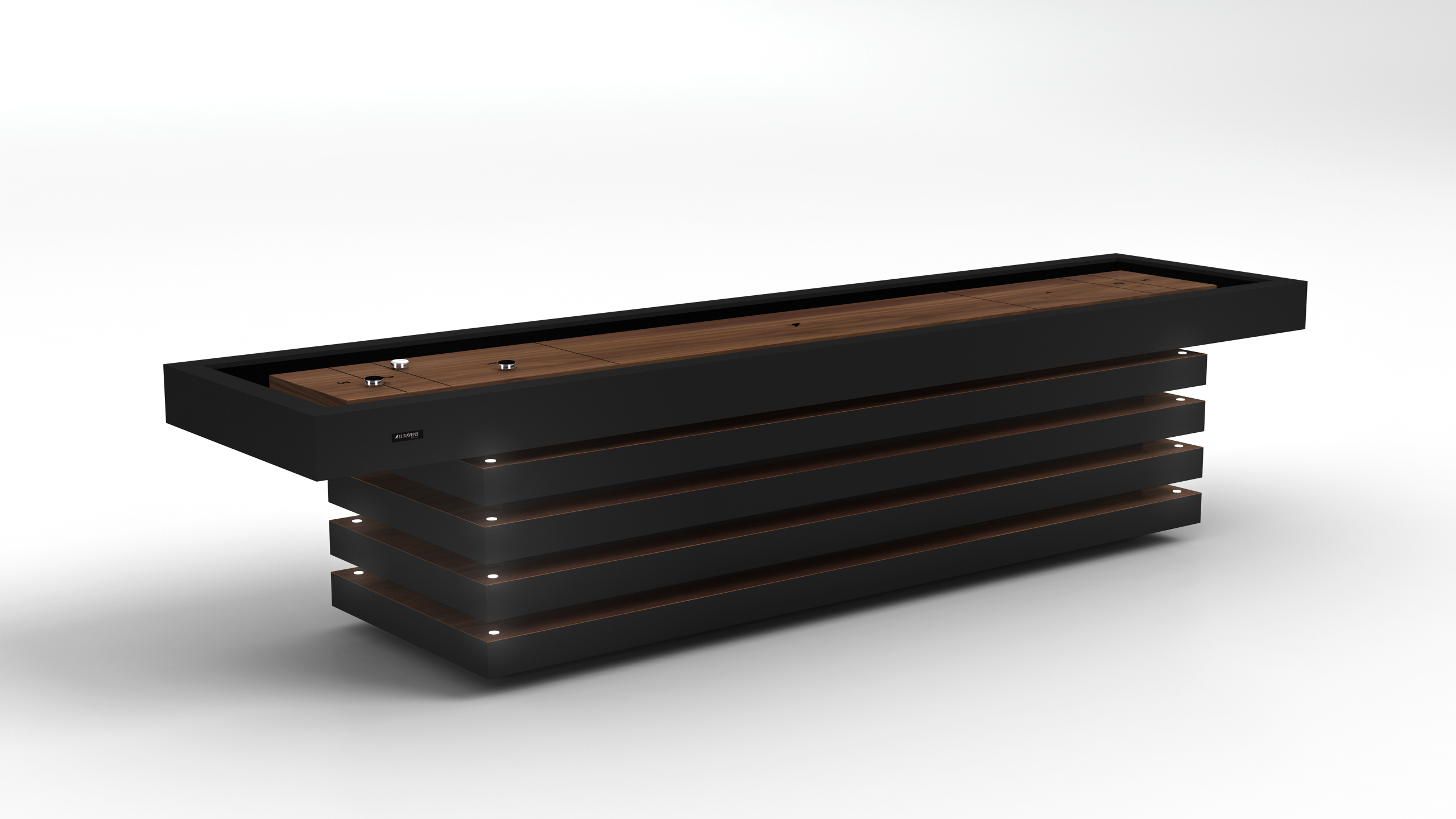 The Arclight Shuffleboard Table features a sleek black frame, wood playing surface, and horizontal wood accents with LED strip lights, creating a modern look against a plain white background.