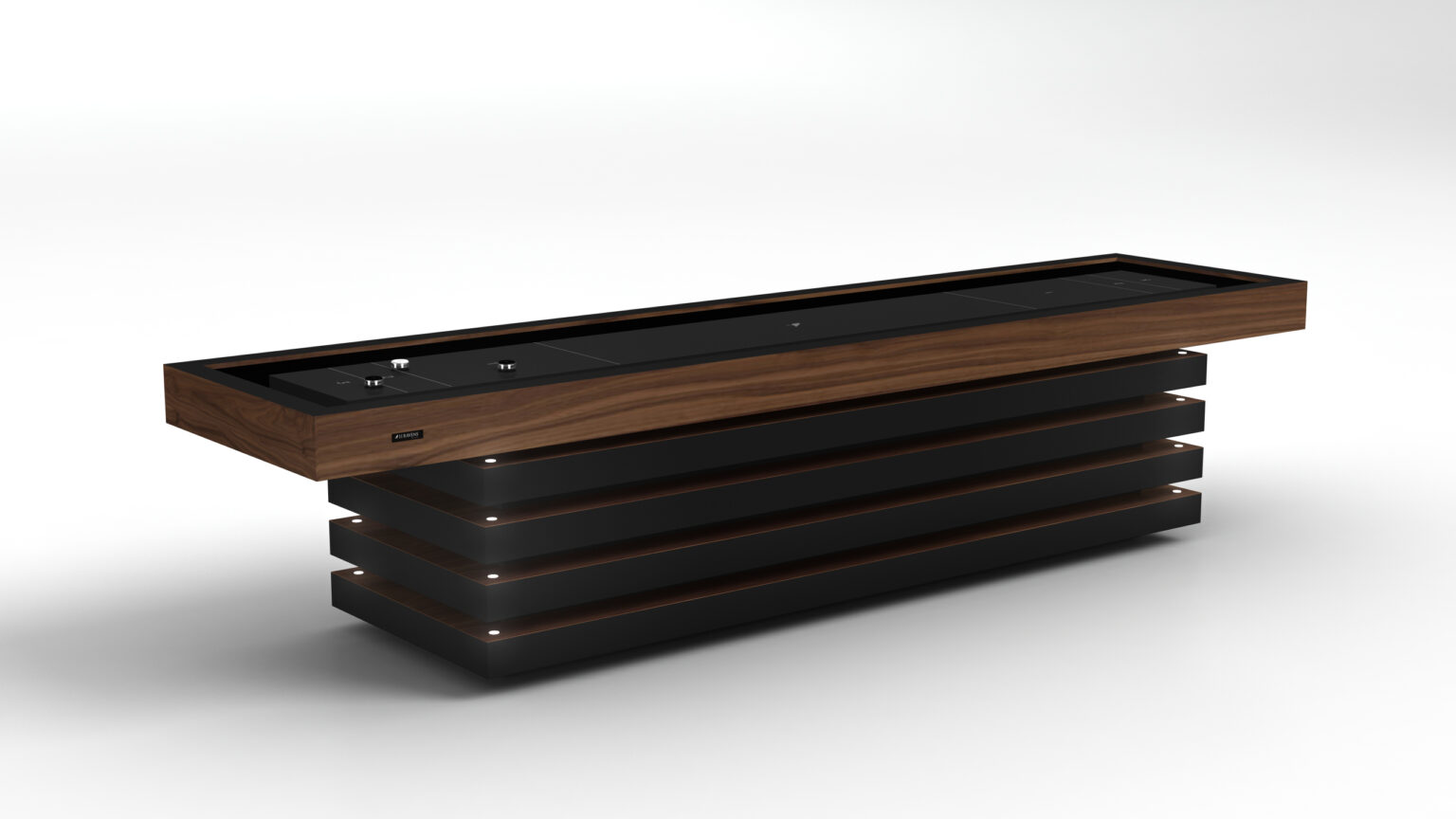The Arclight Shuffleboard Table is a modern, rectangular table with a black top, wooden trim, and a base of horizontal black and wood slats, featuring minimalist controls and subtle lighting accents.