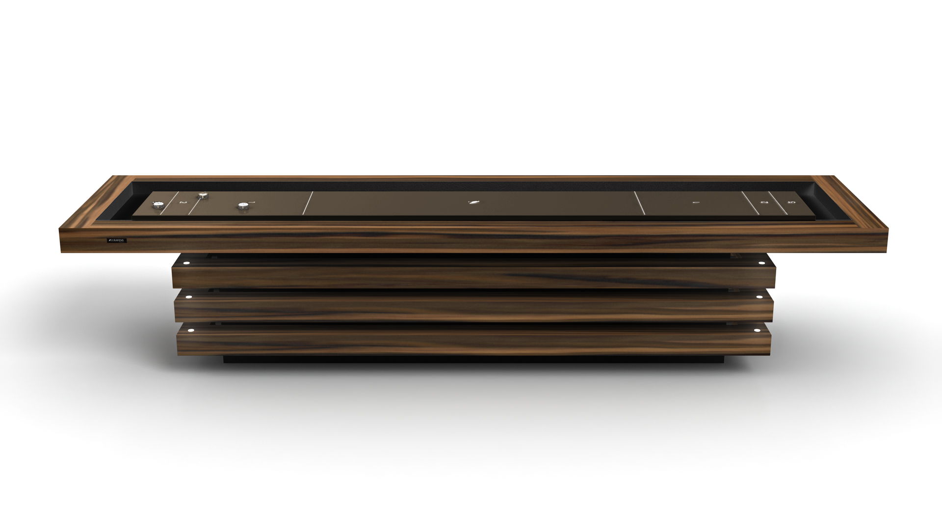 The Arclight Shuffleboard Table is a modern, rectangular wooden table with a sleek, layered base and glossy black glass top, featuring minimal controls for a contemporary, elegantly refined look.