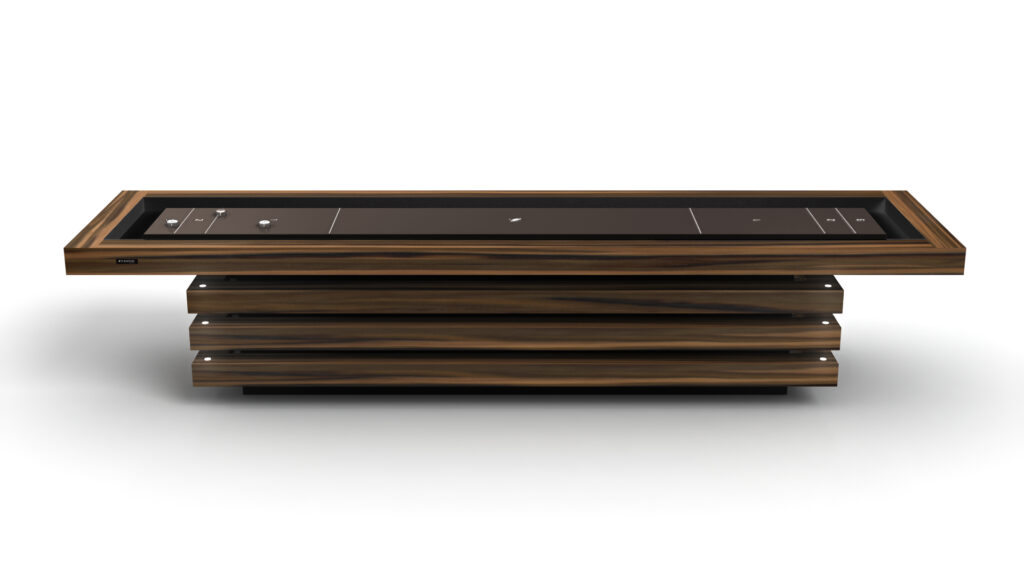 Inspired by the Arclight Shuffleboard Table, this modern rectangular coffee table features a dark wooden frame with stacked layers and a sleek black glass top accented by minimalist control buttons and indicators.