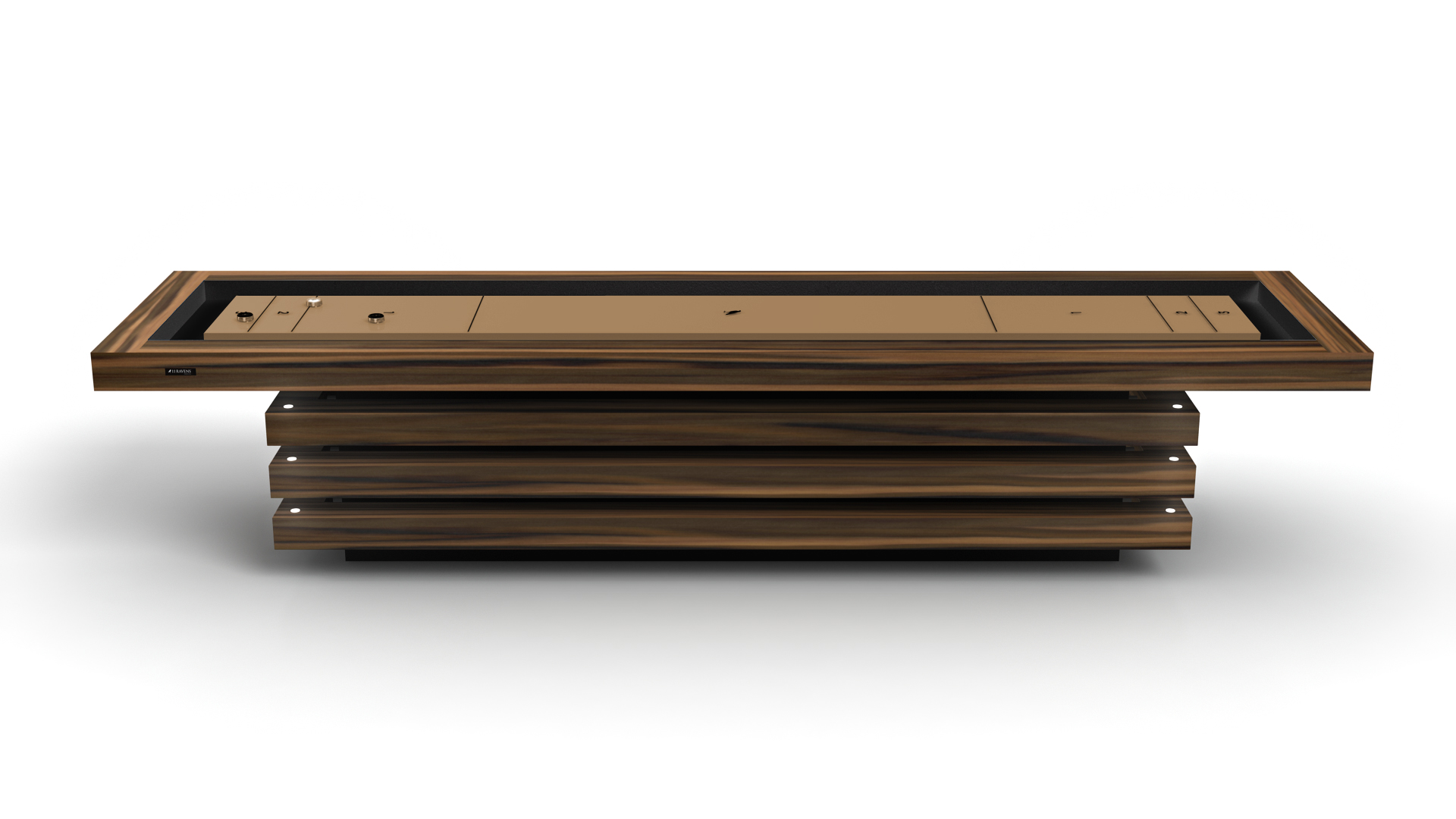 Inspired by the Arclight Shuffleboard Table, this modern rectangular wooden conference table features a layered slatted base and a built-in central panel with input ports and controls for a sleek, contemporary style.