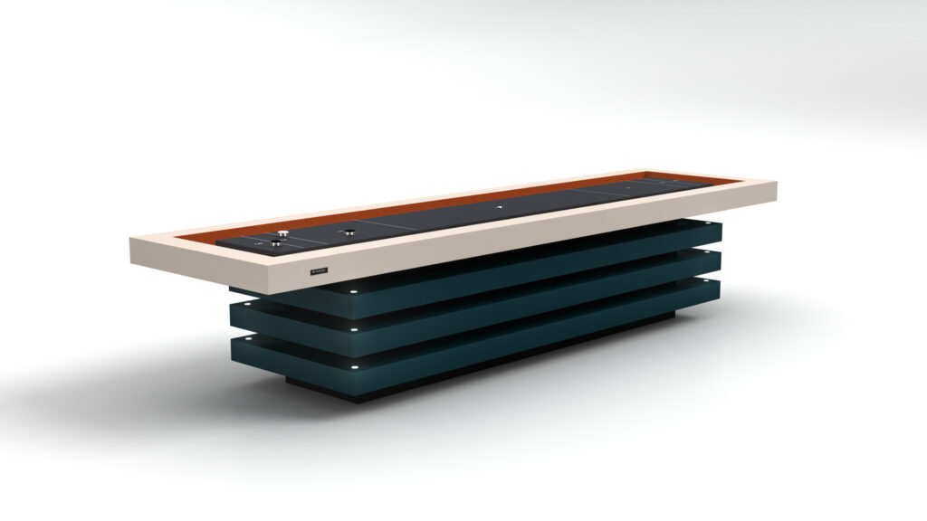 The Arclight Shuffleboard Table boasts a white frame, wooden interior border, black playing surface, and a striking base of four stacked black slabs, all showcased against a plain white background.