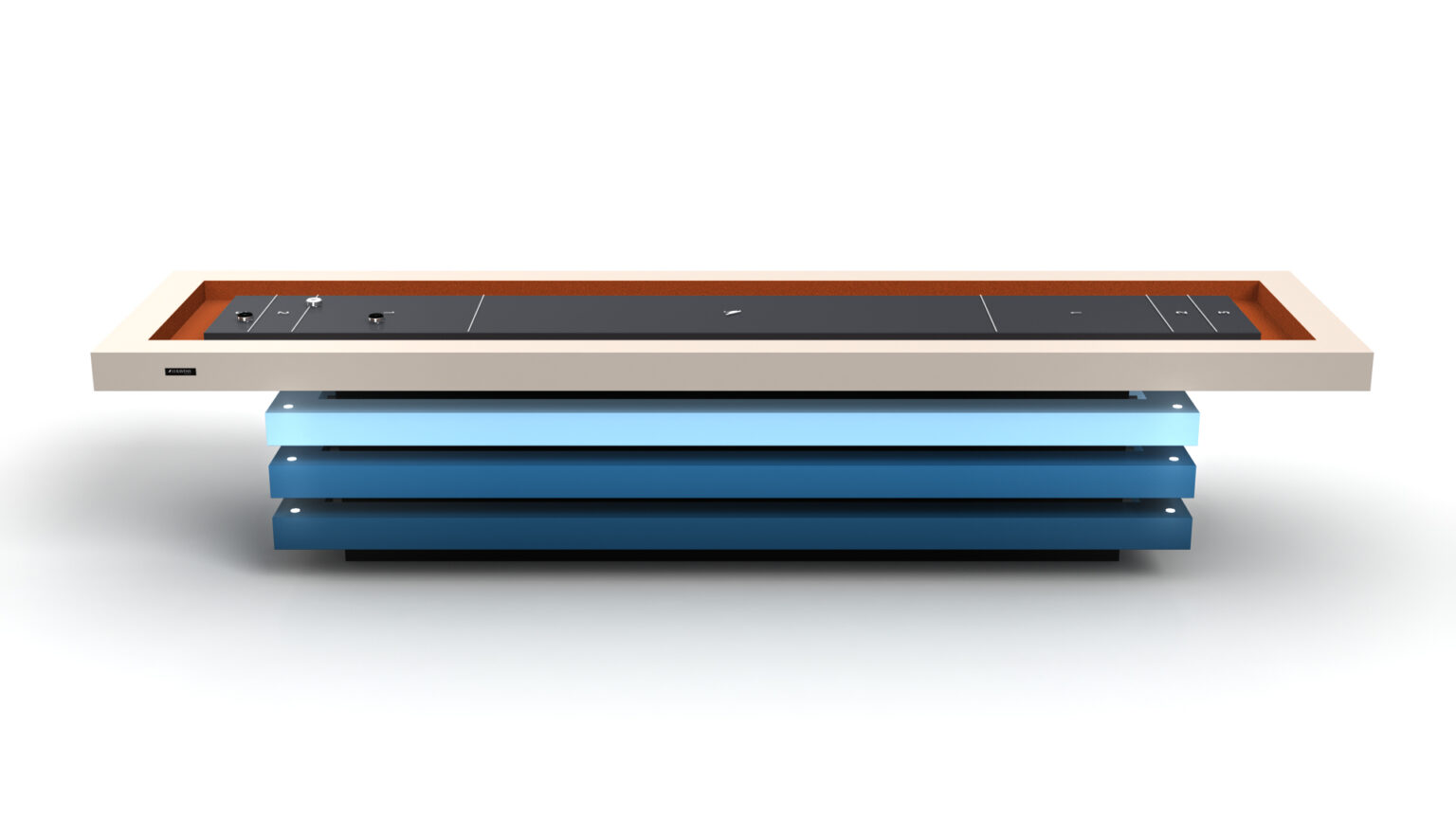 The Arclight Shuffleboard Table features a modern, minimalist design with a rectangular white frame, black tabletop, rust-colored interior edge, and stacked horizontal blue panels for support—a sleek and futuristic centerpiece.