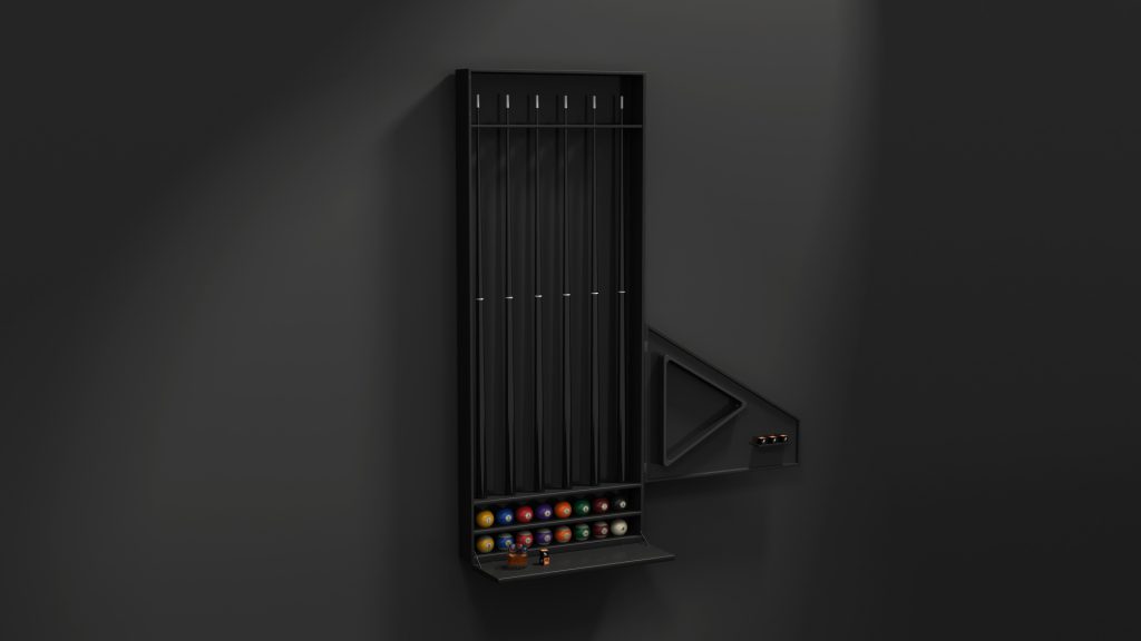 A sleek Arella Cue Rack in black, mounted on a dark wall, holds pool cues, balls, and a triangle. Its minimalist design contrasts subtly with the background, adding a luxurious touch to your billiard storage solution.