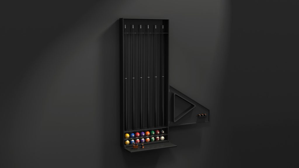 The Arella Cue Rack, a sophisticated black wall-mounted unit, elegantly displays multiple cue sticks and features a lower section with a right-sided triangle shelf to hold a set of colorful billiard balls in a rack and chalk, offering an impeccable storage solution.