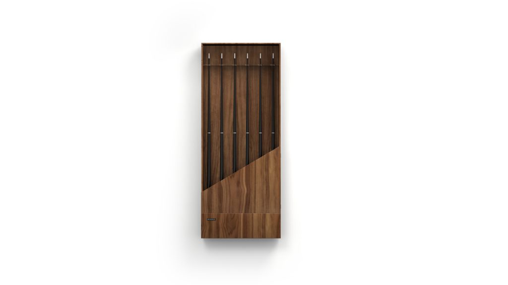 The Arella Cue Rack wooden wardrobe features a minimalist design with vertical slats and diagonal patterns, combining dark and light wood tones, enhanced by Cuerack storage options on a plain white background.