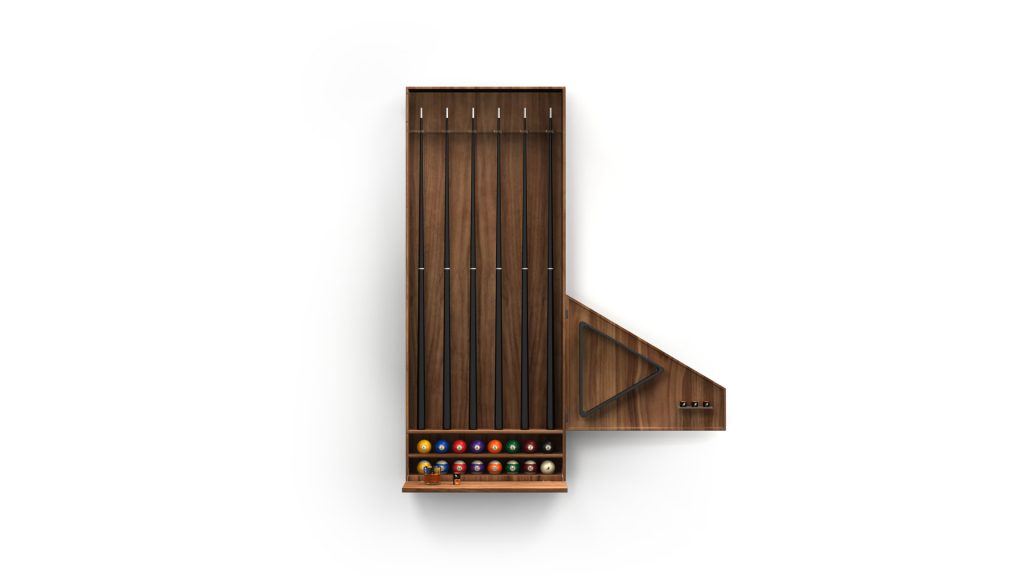 A top-down view showcases the Arella Cue Rack, highlighting its compact holder with six cues, a triangular rack, and a bottom shelf with colorful billiard balls. The sleek wooden design stands elegantly against a plain white background.