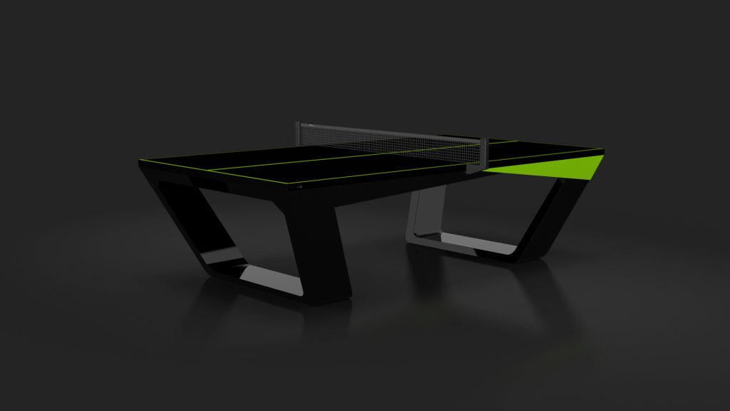 The Avettore Ping Pong Table features a modern design with neon green accents on a dark background, bringing sophistication and minimalism to any space.