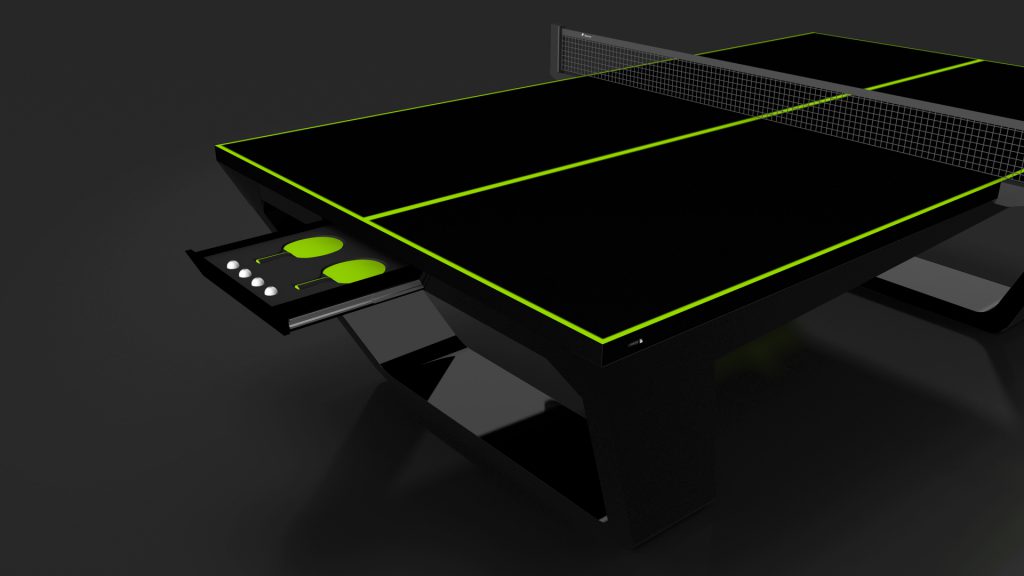 The Avettore Ping Pong Table is a sleek black design with green lines and a center net. It features a side drawer for two paddles and balls, supported by modern angular legs.