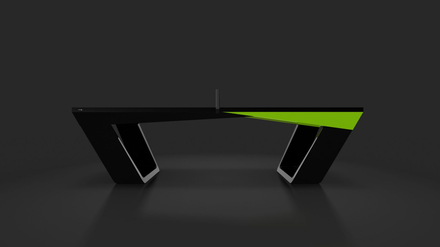 The Avettore Ping Pong Table is a luxurious black and green piece with angled legs and a sleek, minimalist design, set elegantly against a dark gray background.