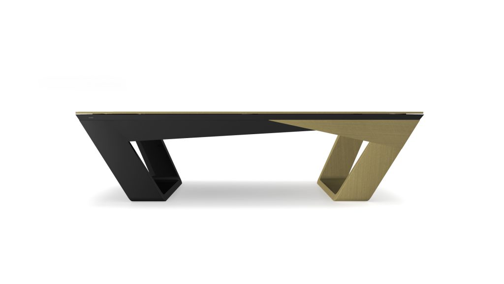 Discover the Avettore Convertible Pool/Dining/Ping Pong Table, a luxurious modern minimalist piece. Its geometric base and black/wood-tone reversible top transition seamlessly for dining, pool, or ping pong, all set against a sleek white backdrop.