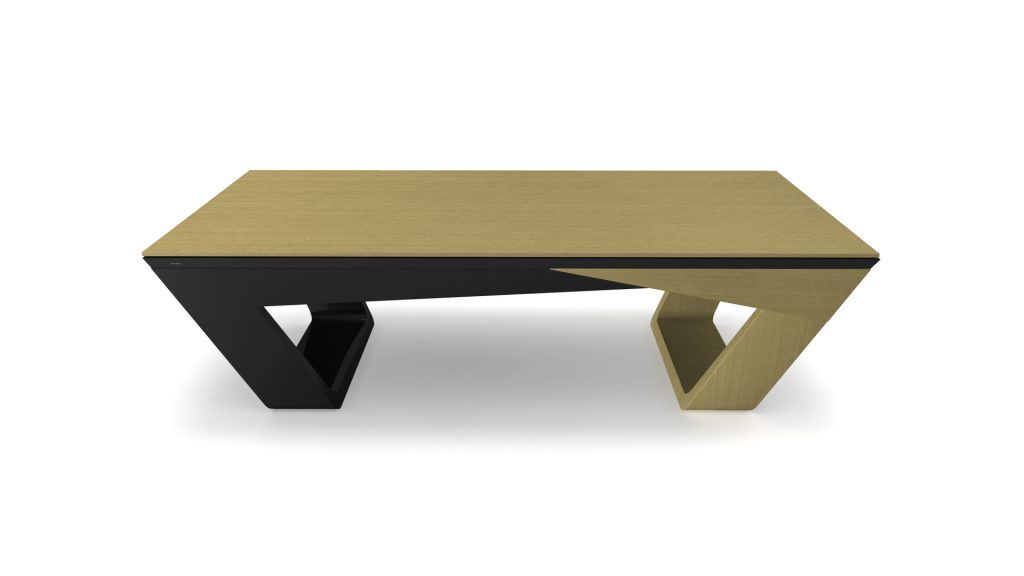 The Avettore Convertible Pool/Dining/Ping Pong Table boasts a modern design with black and natural wood finishes. Its geometric legs add to its contemporary appeal, offering a versatile flat surface for both dining and play activities.