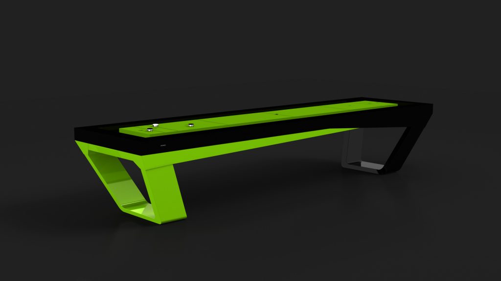 The Avettore Shuffleboard Table features a modern design with a green and black rectangular frame, sleek angular legs, and a dark background. Its flat playing surface showcases visible game pieces, emphasizing its elegant craftsmanship.