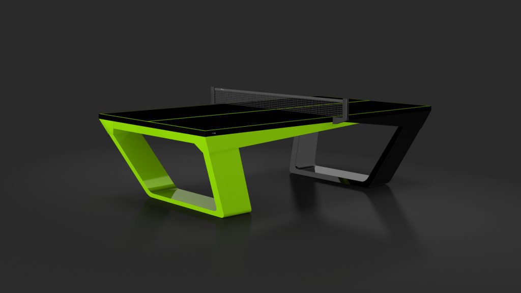 Introducing the Avettore Ping Pong Table, a modern masterpiece with angled legs. One side is bright green and the other black, set on a dark background. This sleek table features a minimalistic net and vibrant yellow boundary lines.