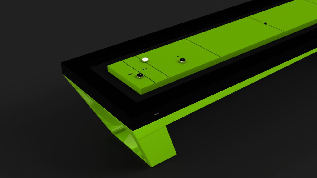 The Avettore Shuffleboard Table showcases a sleek, modern luxury design with a glossy green surface and black edges set against a dark background. It includes three pucks and a scoring section, capturing minimalist and contemporary style.