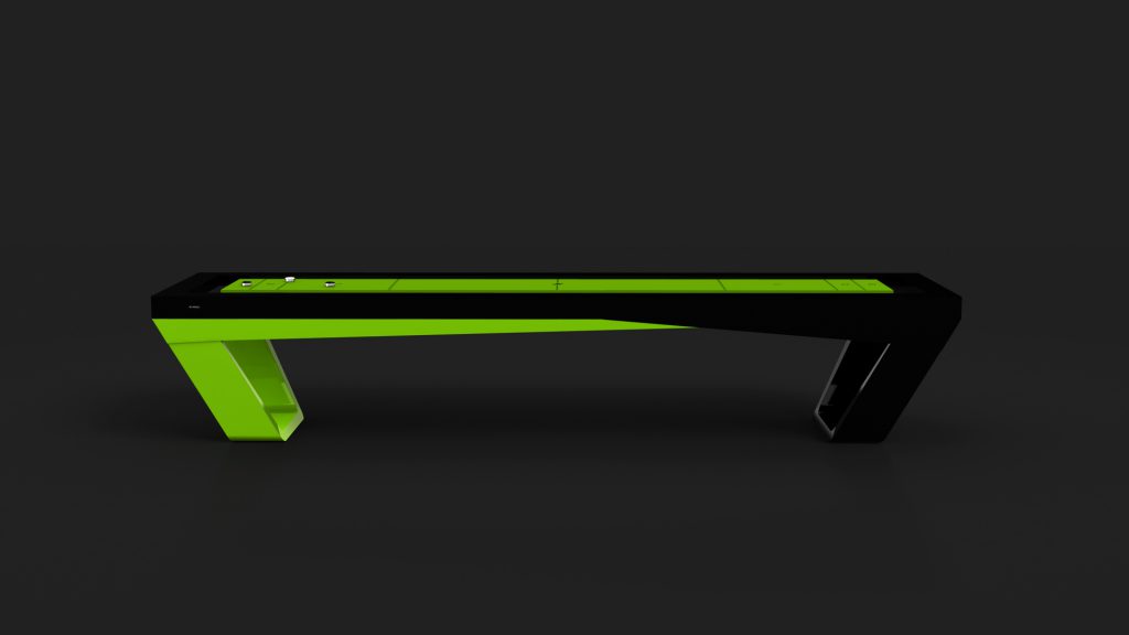 The Avettore Shuffleboard Table boasts a modern black and green luxury design, featuring sleek angled legs and a glossy surface, all set against a dark gradient background for a minimalist aesthetic.