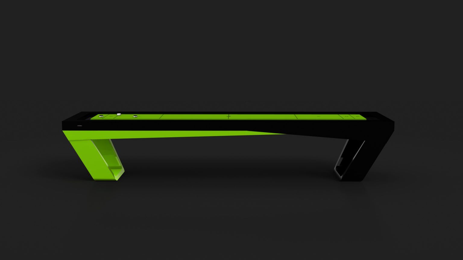 The Avettore Shuffleboard Table boasts a modern black and green luxury design, featuring sleek angled legs and a glossy surface, all set against a dark gradient background for a minimalist aesthetic.