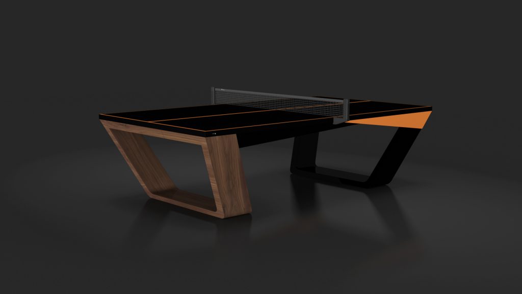Introducing the Avettore Ping Pong Table: a luxurious, modern masterpiece with sleek wooden and metal legs. Its bold orange stripe on a black surface and minimalist net create a striking contrast, emphasized by the dark background that enhances its unique design.