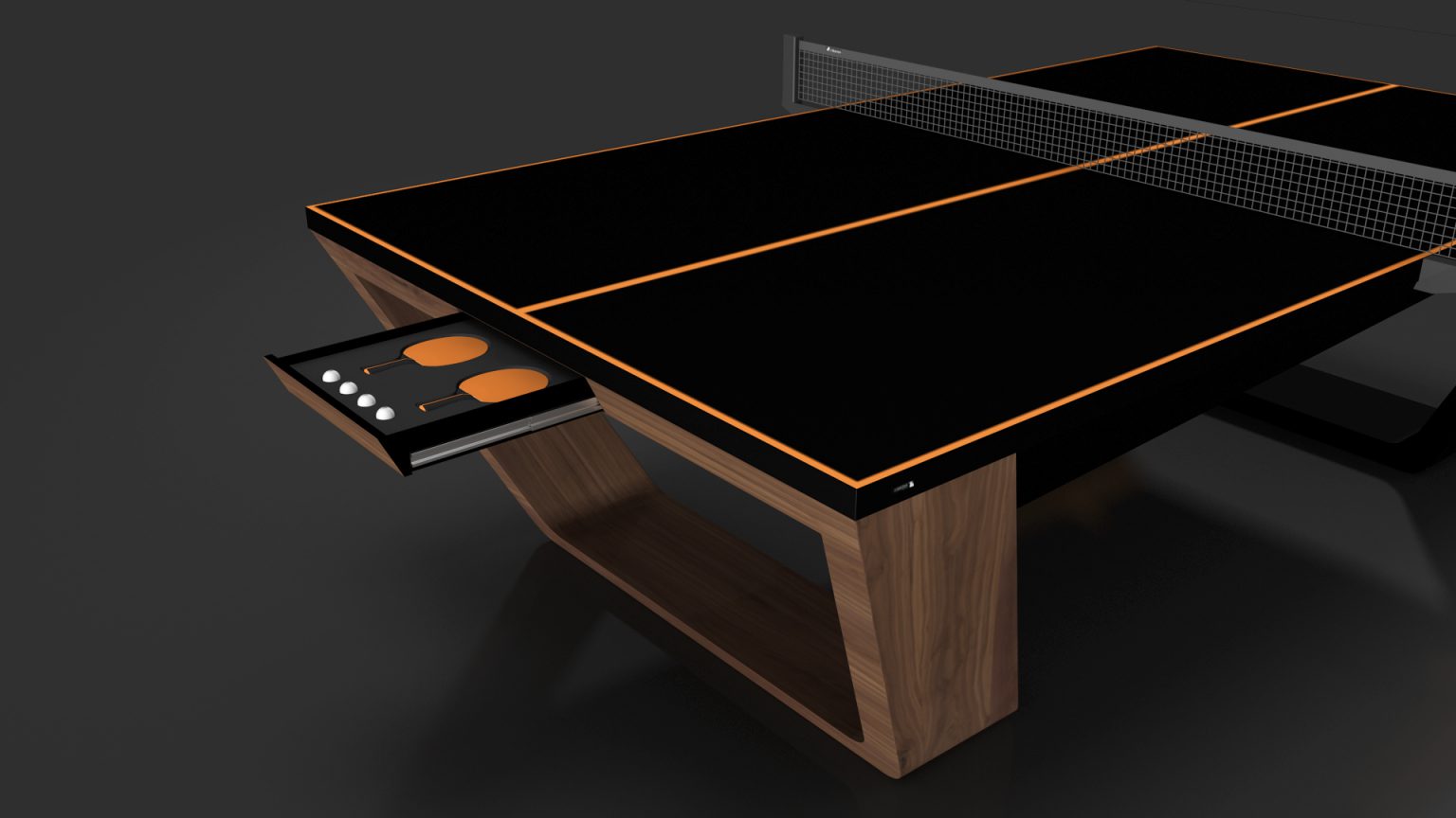 Introducing the Avettore Ping Pong Table, a sophisticated addition to any game room with its sleek black and orange design, wooden base, and open drawer elegantly displaying paddles and balls.