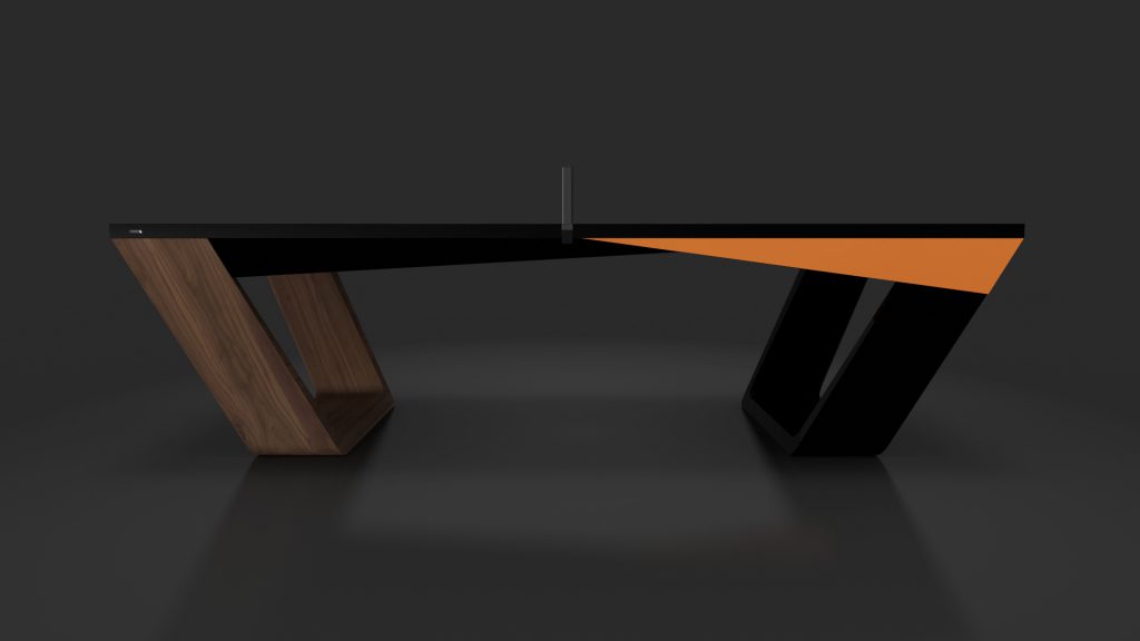 The Avettore Ping Pong Table stands out with its modern angular design, featuring a distinctive black tabletop accented in vibrant orange. Its asymmetrical wooden and black legs contrast elegantly against dark settings, merging sophistication with bold style.
