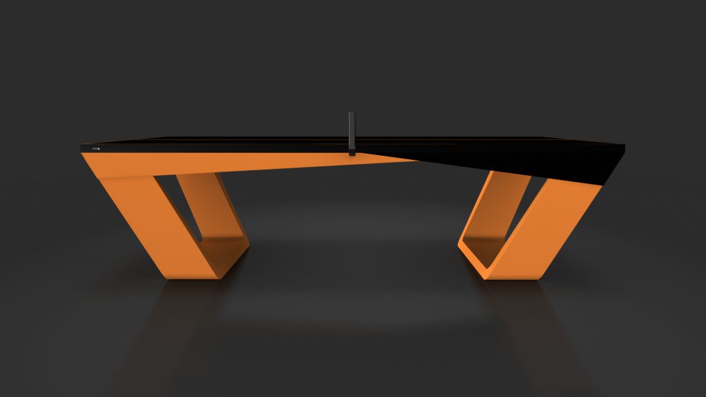 Introducing the Avettore Ping Pong Table: a modern masterpiece with an angular design, bright orange geometric legs, and a sleek black tabletop, contrasting elegantly against a dark gray background.