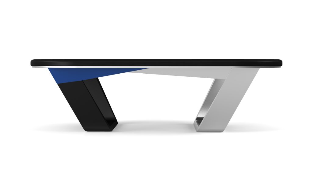 A modern, minimalist table with a luxurious touch features a rectangular black top and a unique design: one leg in black, the other in silver, with a blue triangular accent between them, echoing the elegance of the Avettore Oval Poker Table.